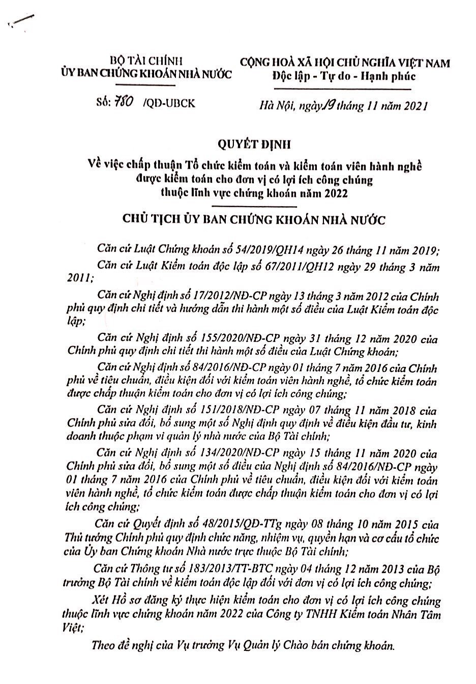 Cập nhật thông tin Báo cáo minh bạch tháng 11/2021 (về việc chấp thuận kiểm toán cho các đơn vị có lợi ích công chúng thuộc lĩnh vực chứng khoán năm 2022)