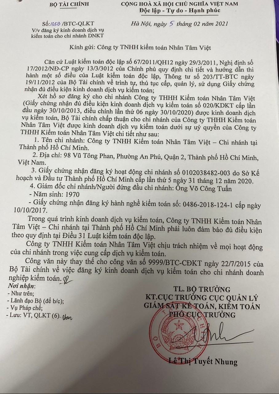 Thông báo về việc đăng ký kinh doanh dịch vụ kiểm toán cho Chi nhánh Hồ Chí Minh