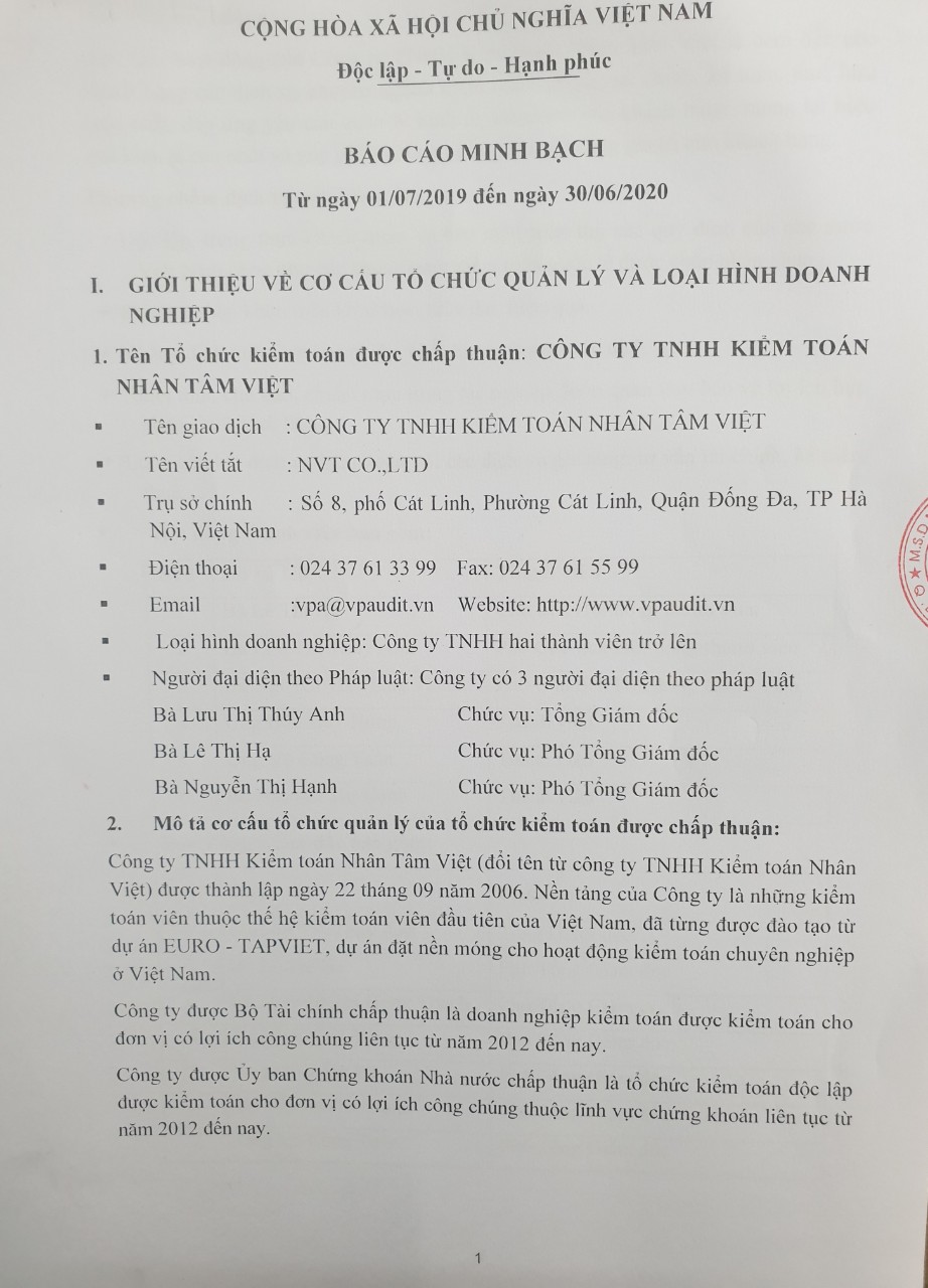 Công khai Báo cáo minh bạch của Tổ chức kiểm toán được chấp thuận kiểm toán cho các đơn vị có lợi ích công chúng năm 2020
