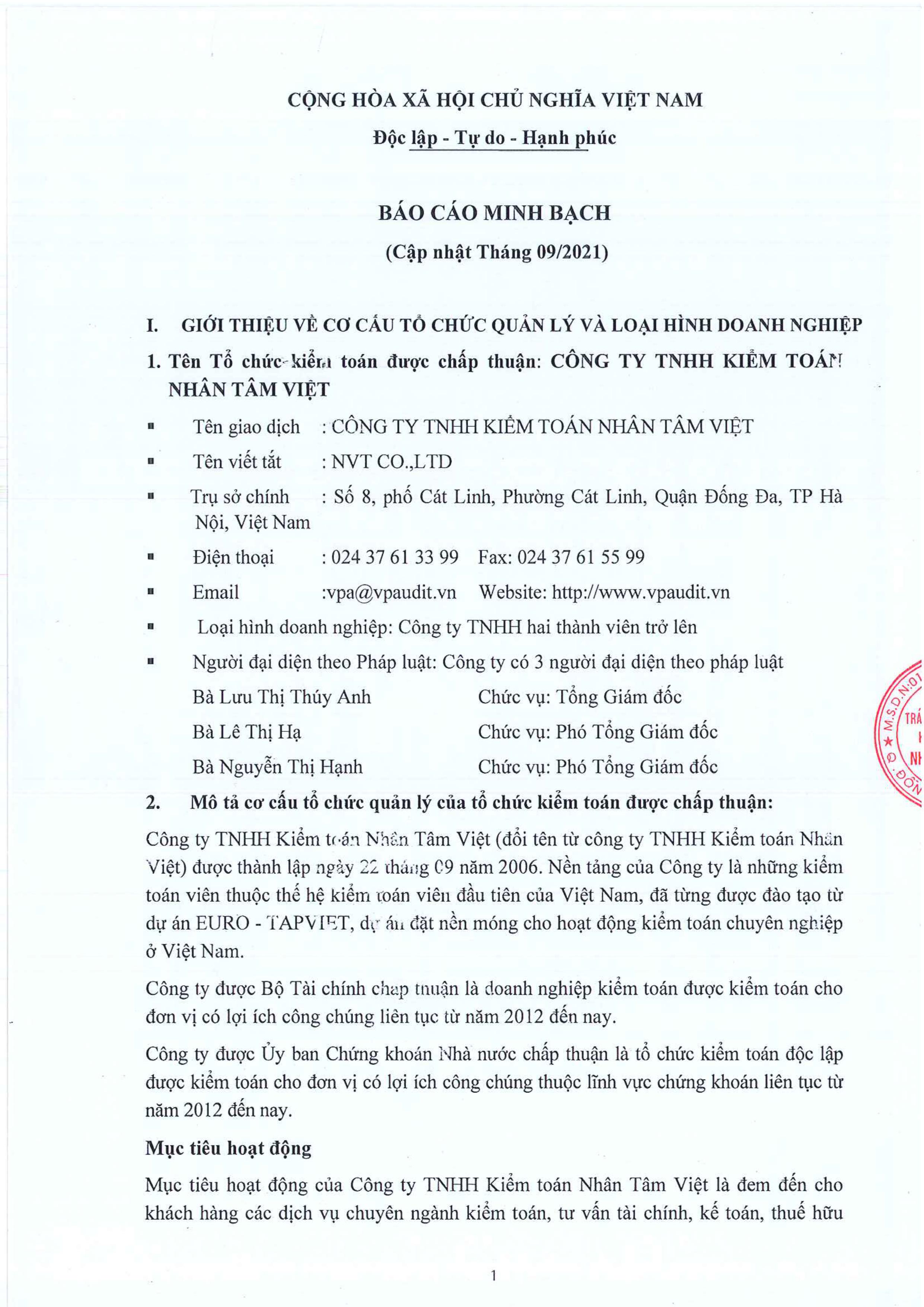 Cập nhật thông tin Báo cáo minh bạch tháng 09.2021