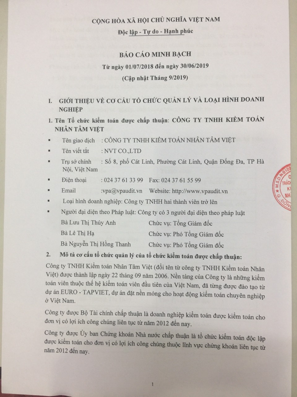 Công khai Báo cáo minh bạch của Tổ chức kiểm toán được chấp thuận kiểm toán cho các đơn vị có lợi ích công chúng năm 2019